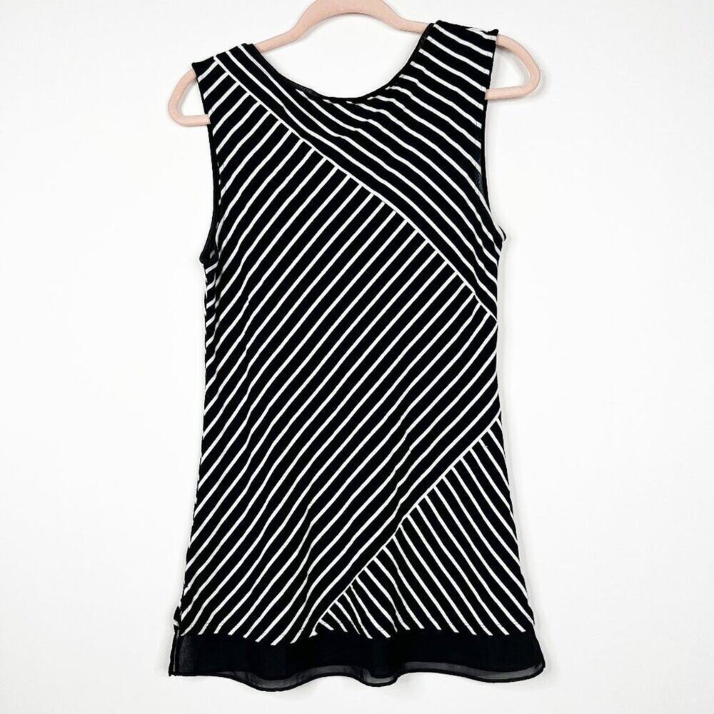 2/$30 White House Black Market CS Grain Stripe Mixed Hem Black Ecru Small #8688